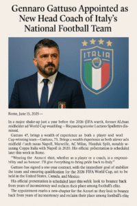 Gennaro Gattuso Appointed as New Head Coach of Italy’s National Football Team